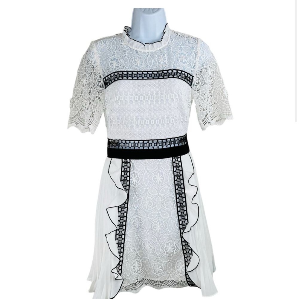 Self-Portrait Monochrome White Black Guipure Lace Frill Mini Dress Size 4